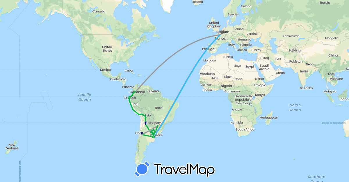 TravelMap itinerary: driving, bus, plane, boat in Argentina, Bolivia, Colombia, Ecuador, France, Peru (Europe, South America)
